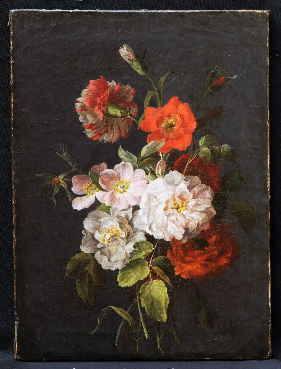 French School Circa 1800, Bouquet Of Flowers On A Gray Background-photo-3