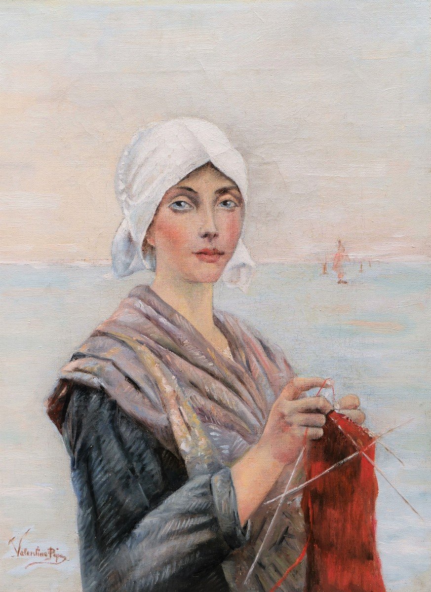 Attributed To Valentine Pèpe, Fisherman's Wife Knitting, In Front Of The Sea