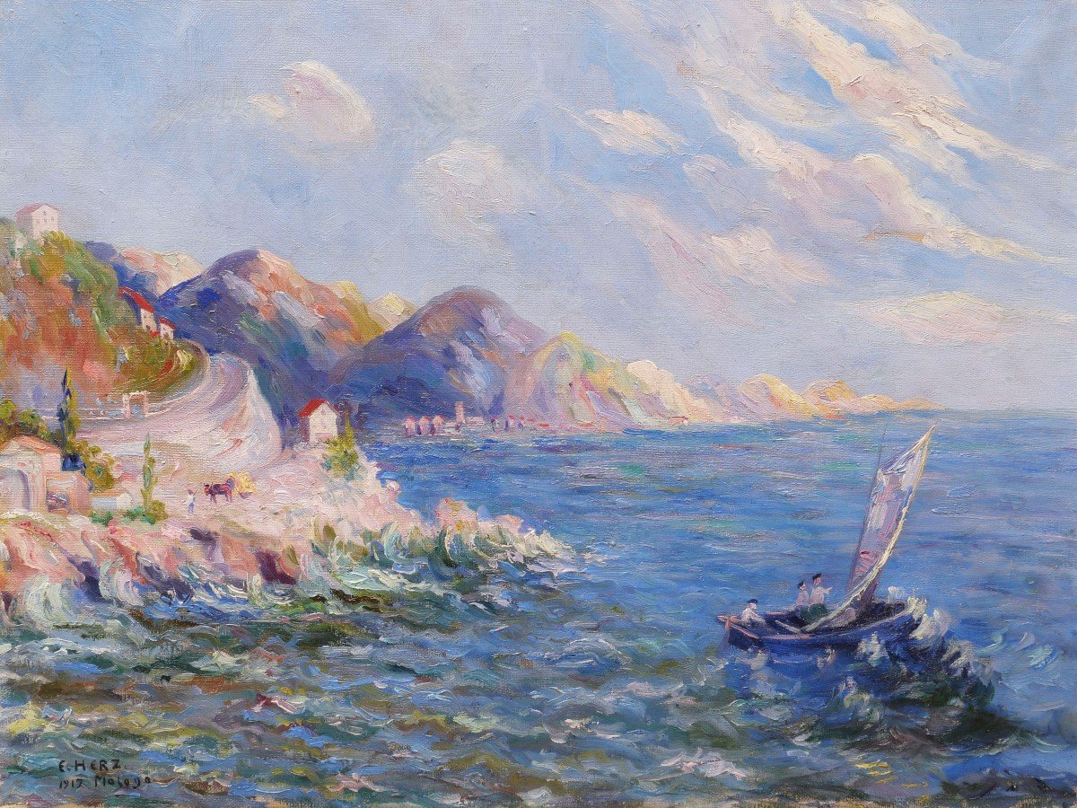 Attribué à Emile W. HERZ, Paysage côtier animé à Malaga