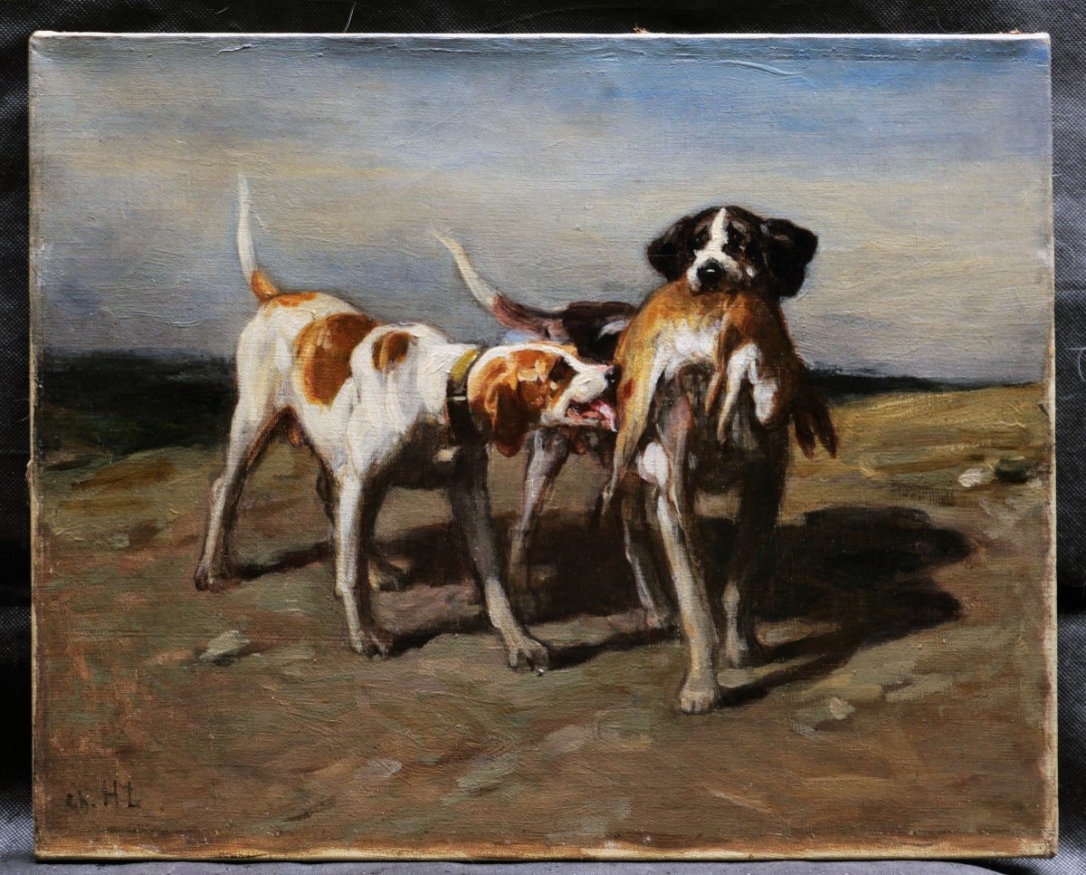 Charles HERMANN-LÉON, Deux chiens de chasse rapportant un lièvre-photo-1