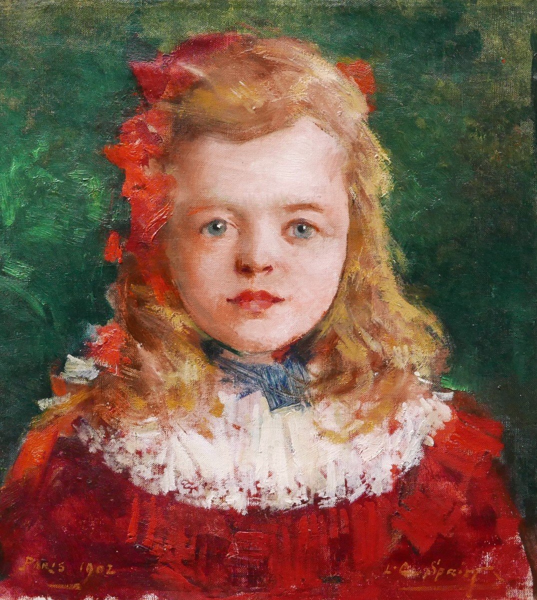 Louis-Charles SPRIET, Portrait de petite fille en robe rouge