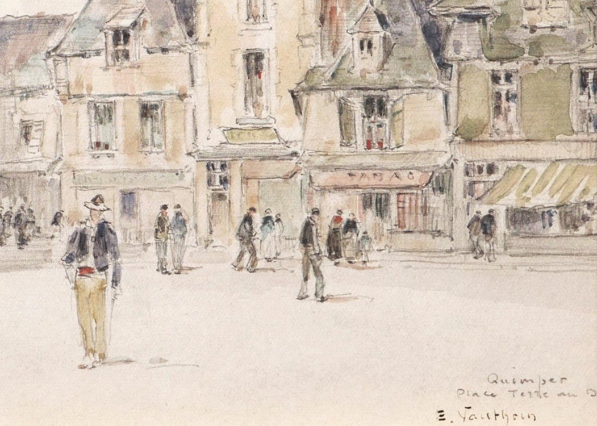 Ernest Germain Vauthrin, Busy View Of Place Terre Au Duc In Quimper-photo-2