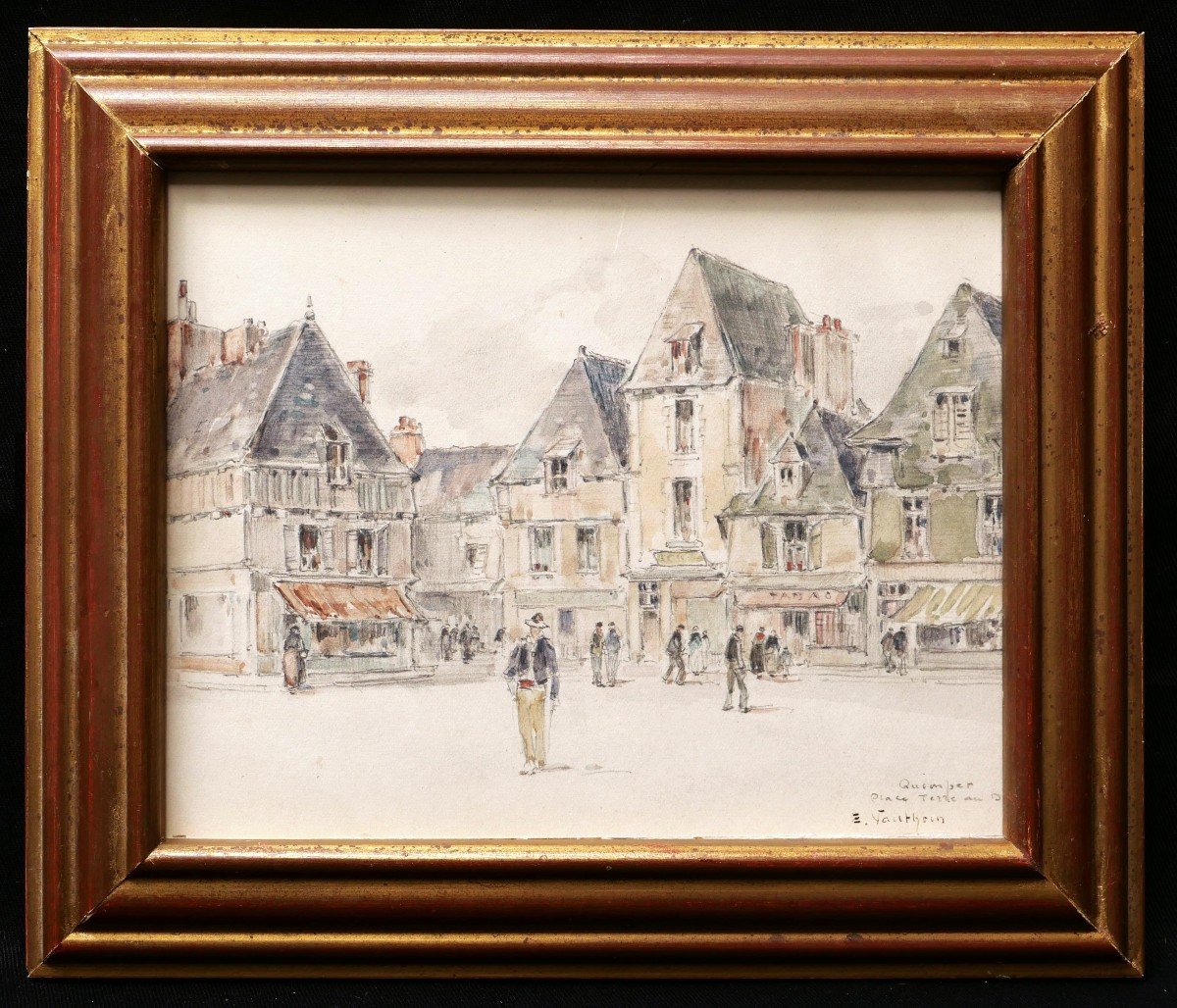 Ernest Germain Vauthrin, Busy View Of Place Terre Au Duc In Quimper-photo-3