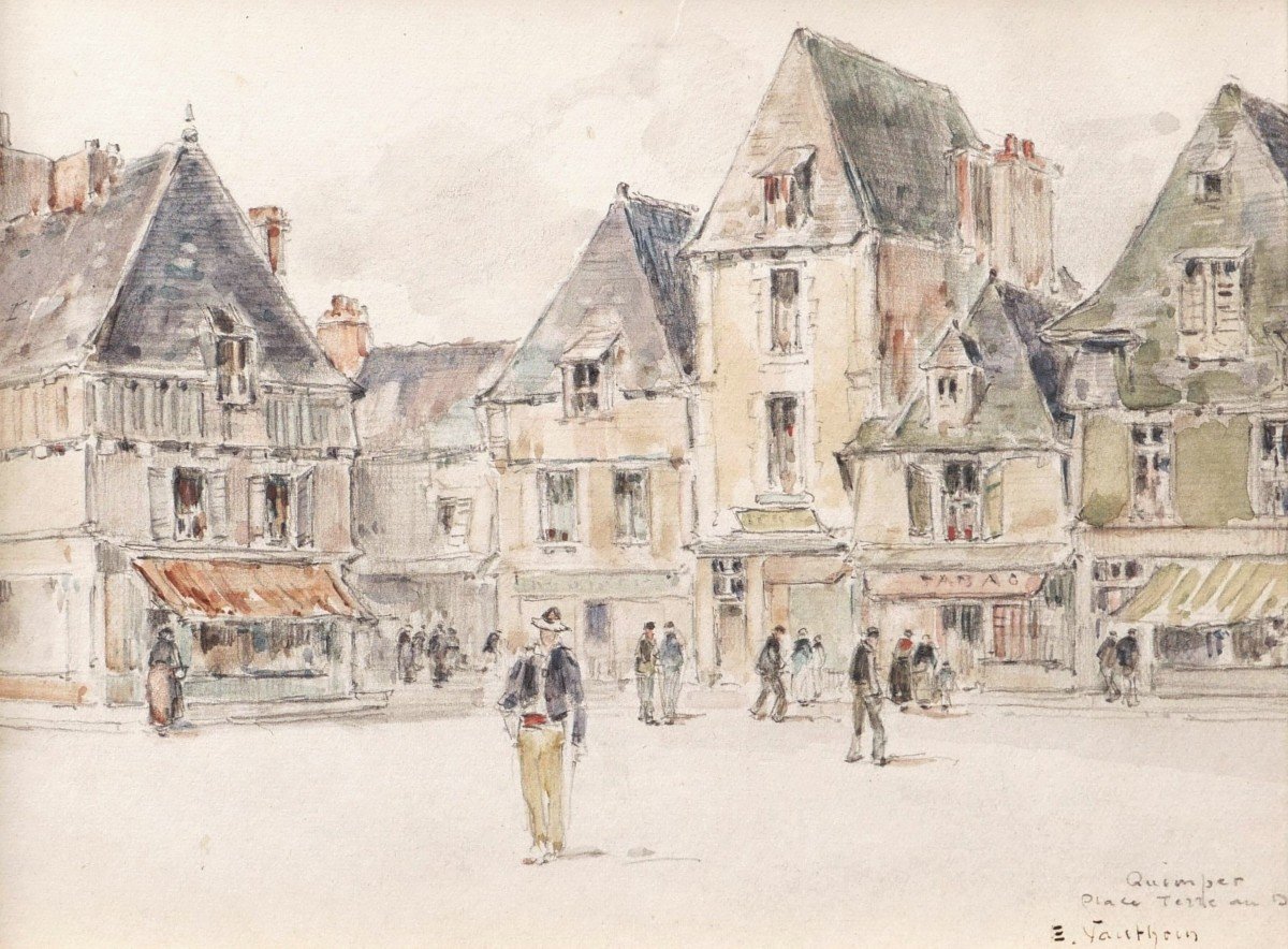 Ernest Germain Vauthrin, Busy View Of Place Terre Au Duc In Quimper