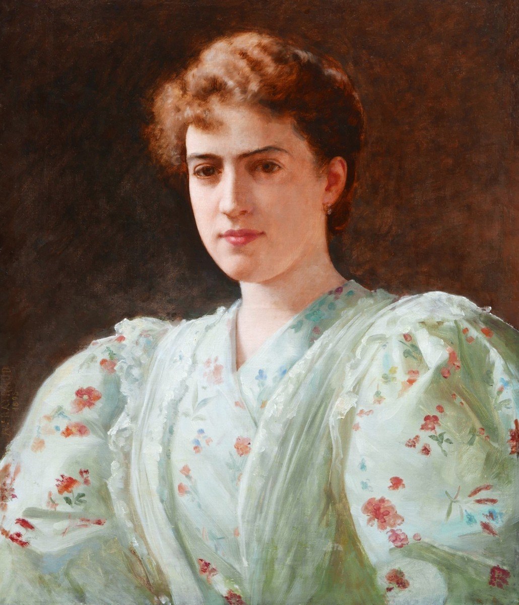 Auguste RAYNAUD,  Portrait de jeune femme en robe vert pâle à motifs de fleurs