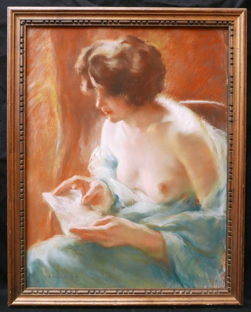 Charles émile Moïse Hornung, Woman With Bared Breast Reading A Letter-photo-1