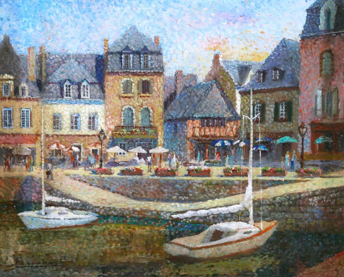 FRAN-BARO, Vue pointilliste animée du Port d'Auray dans le Morbihan (Bretagne)