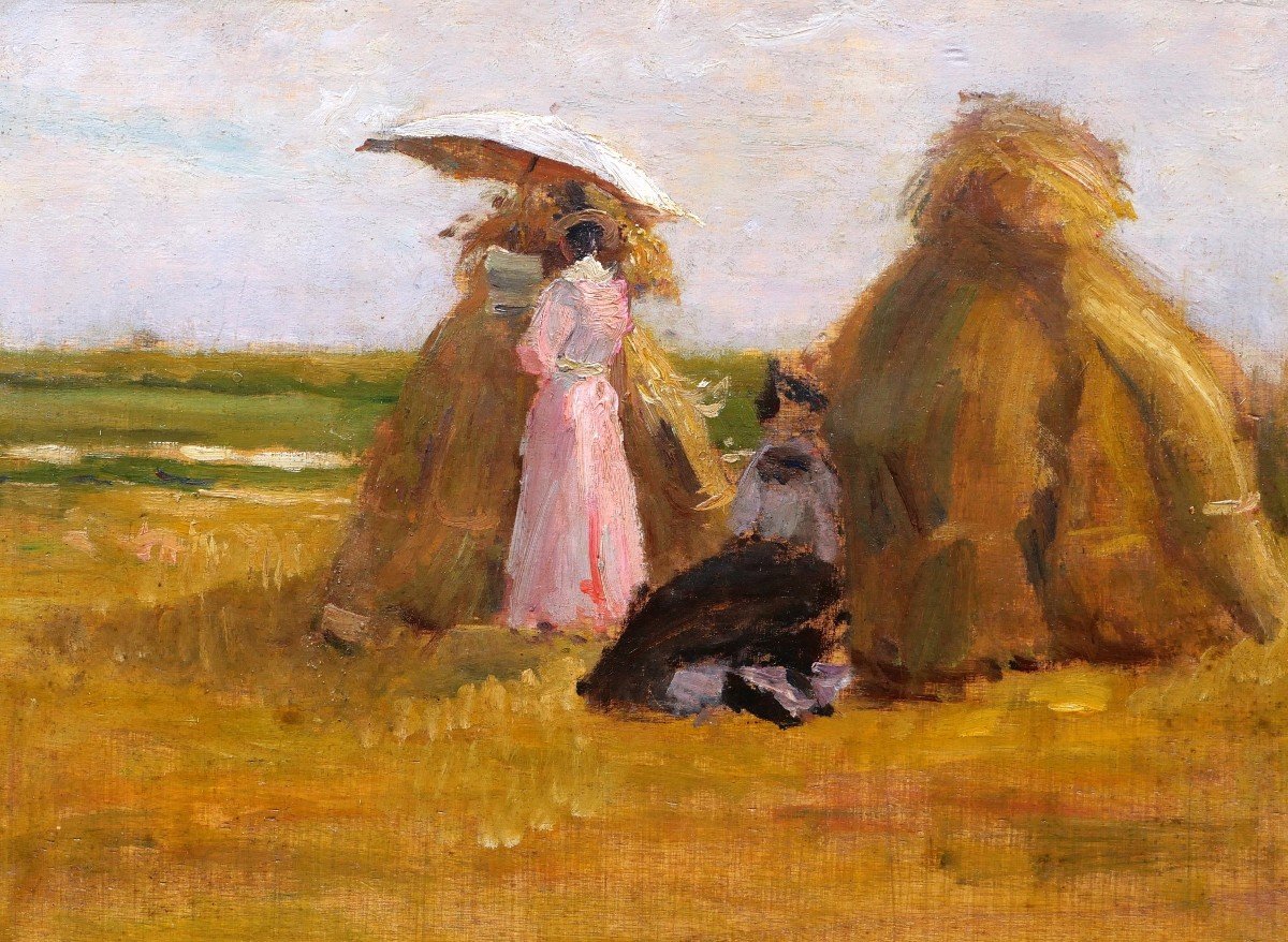 French School Circa 1900 – 1910, Two Women Artists Drawing In A Countryside Landscape