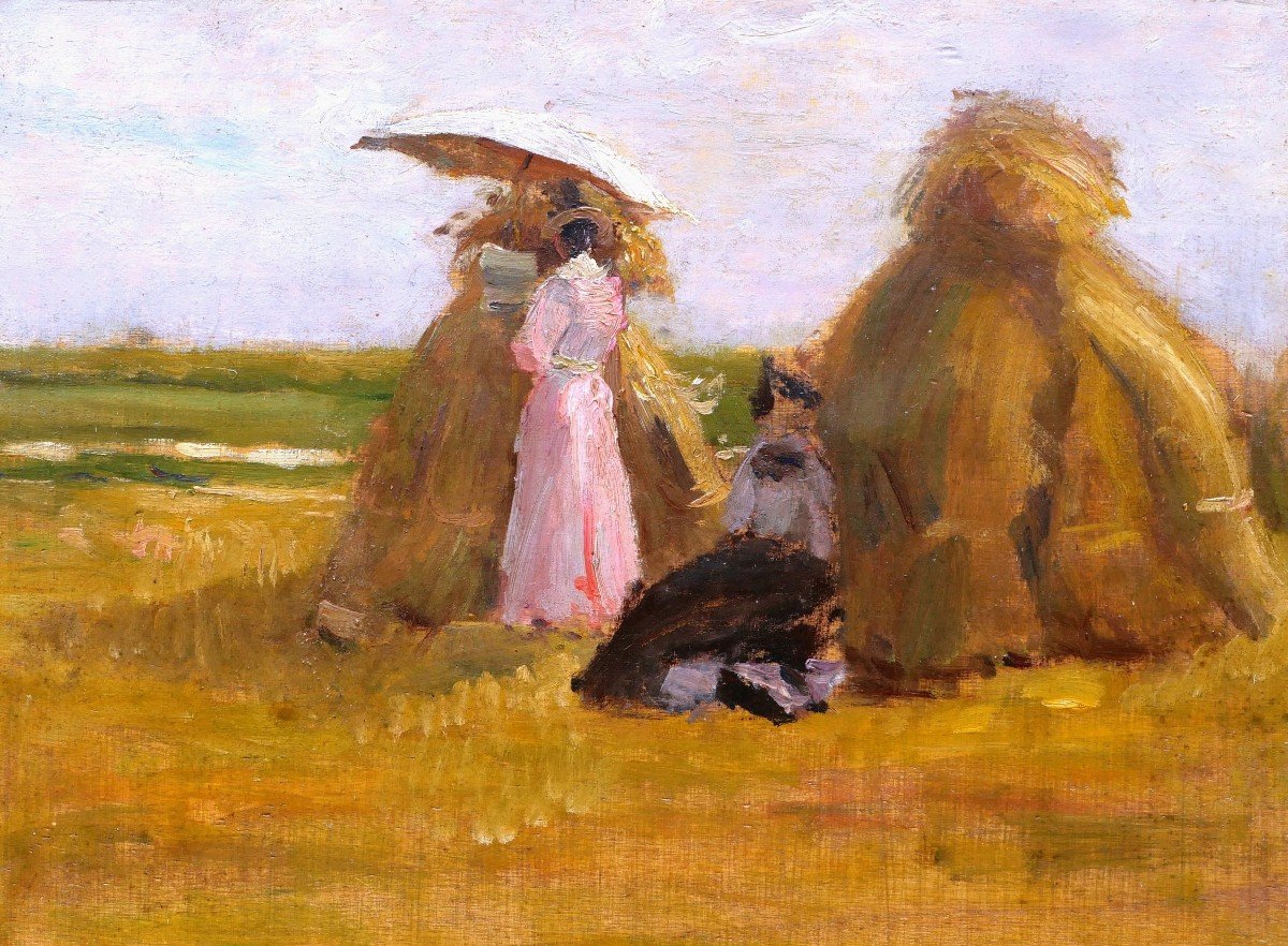 French School Circa 1900 – 1910, Two Women Artists Drawing In A Countryside Landscape