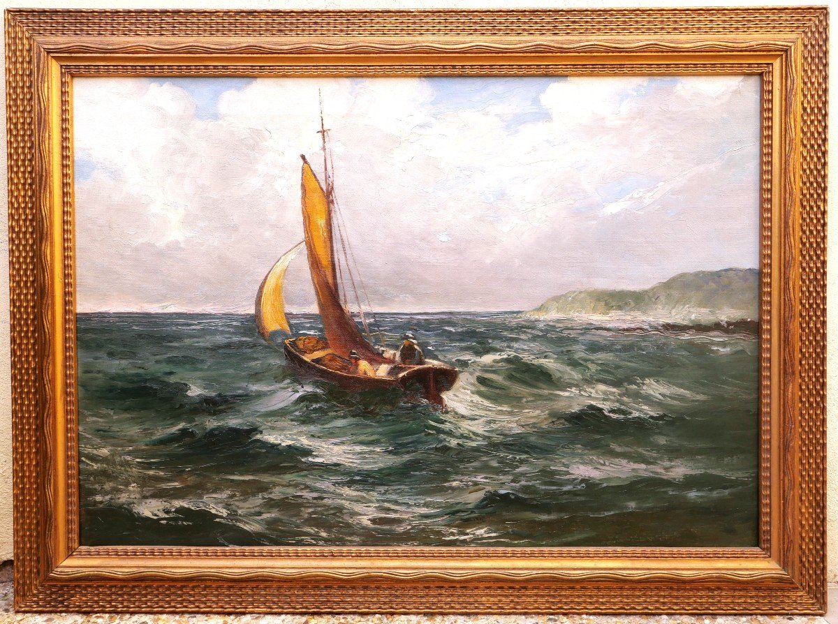 Attributed To émile Godchaux, Boat And Sailors At Sea (large Format)-photo-4