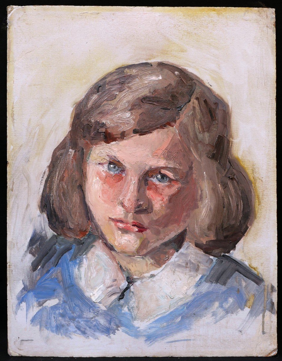 École FRANÇAISE circa 1930, Portrait de petite fille brune aux yeux bleus-photo-3