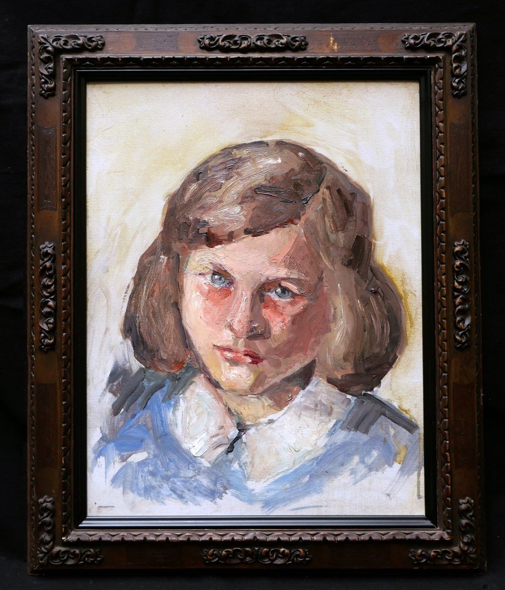 École FRANÇAISE circa 1930, Portrait de petite fille brune aux yeux bleus-photo-3