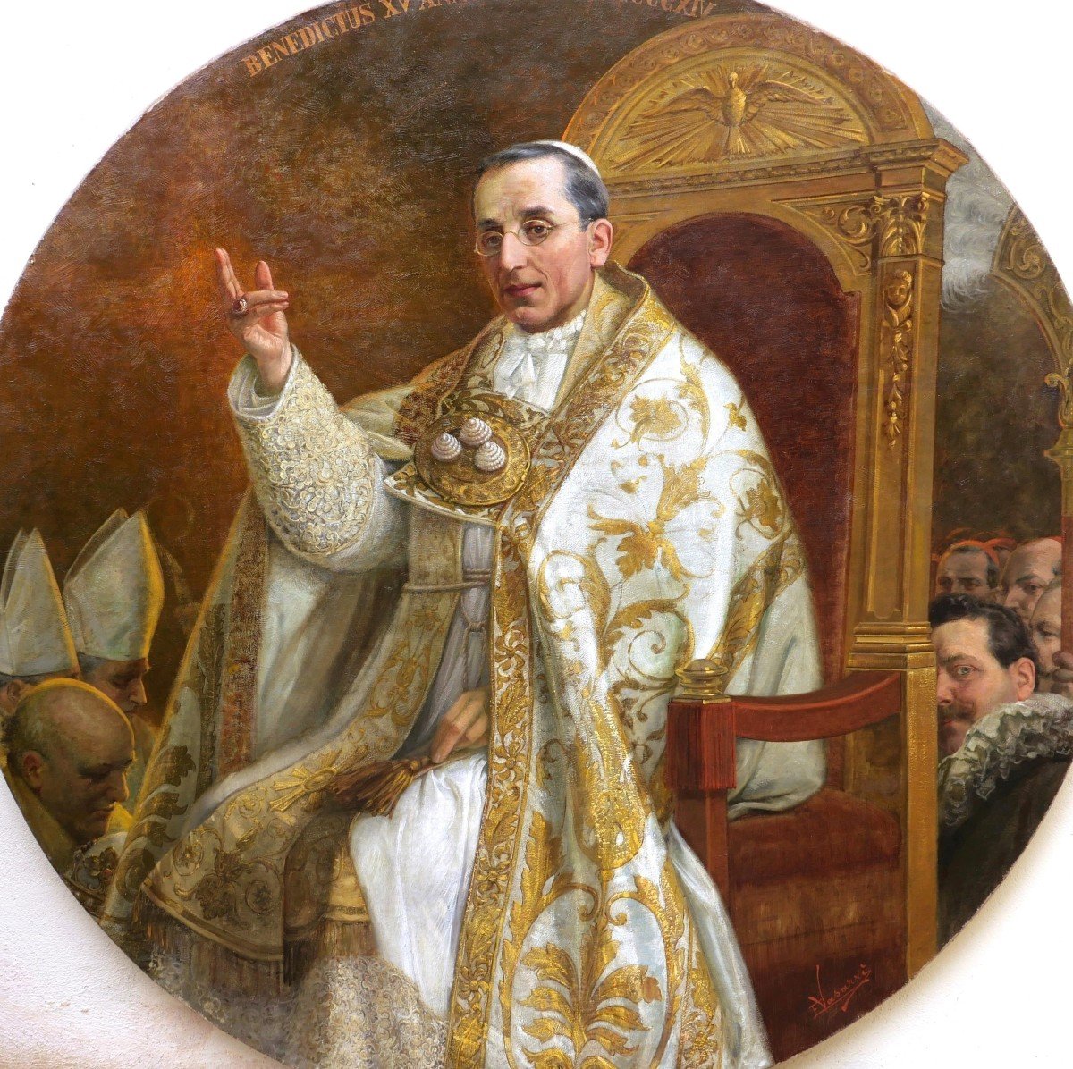 Emilio VASARRI, Portrait du pape Benoît XV sur le trône papal (TRES GRAND FORMAT)-photo-2