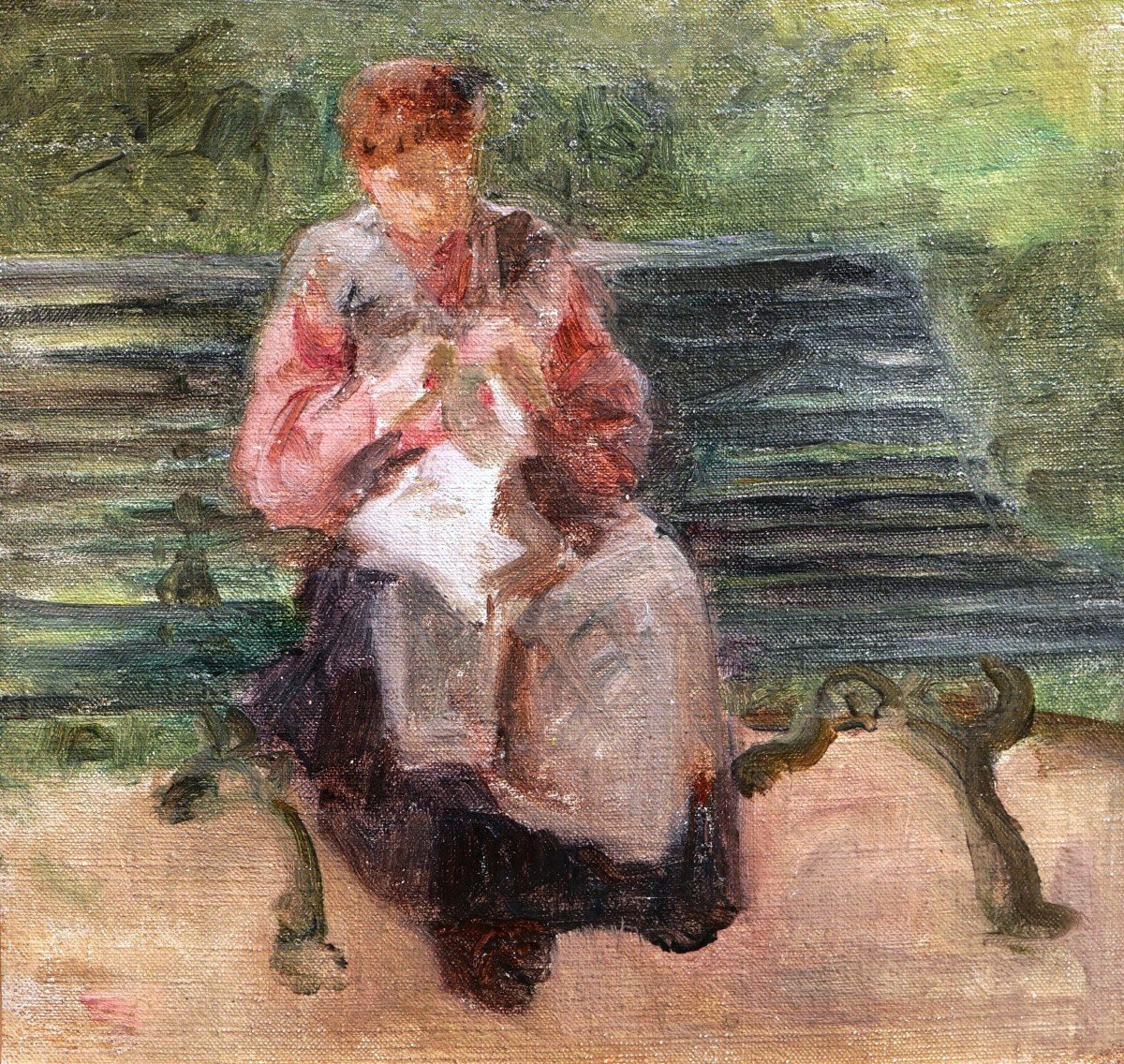 Gustave POETZSCH, Femme cousant sur un banc public