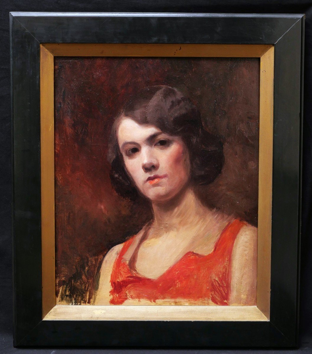 École FRANÇAISE circa 1910-1930, Portrait de jeune femme brune en robe rouge (double face)-photo-3