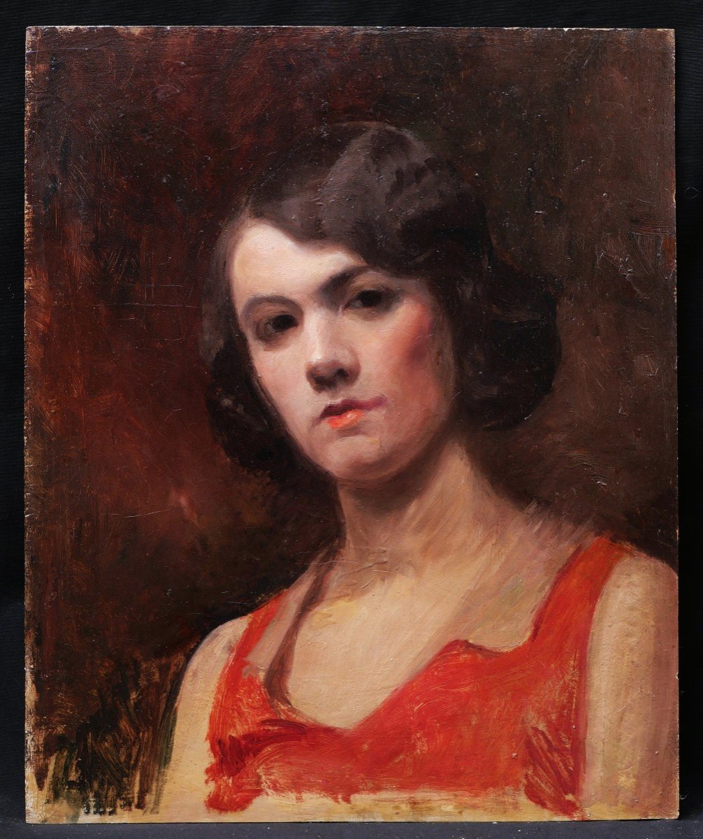 French School Circa 1910-1930, Portrait Of A Young Brunette Woman In A Red Dress (double Sided)-photo-3