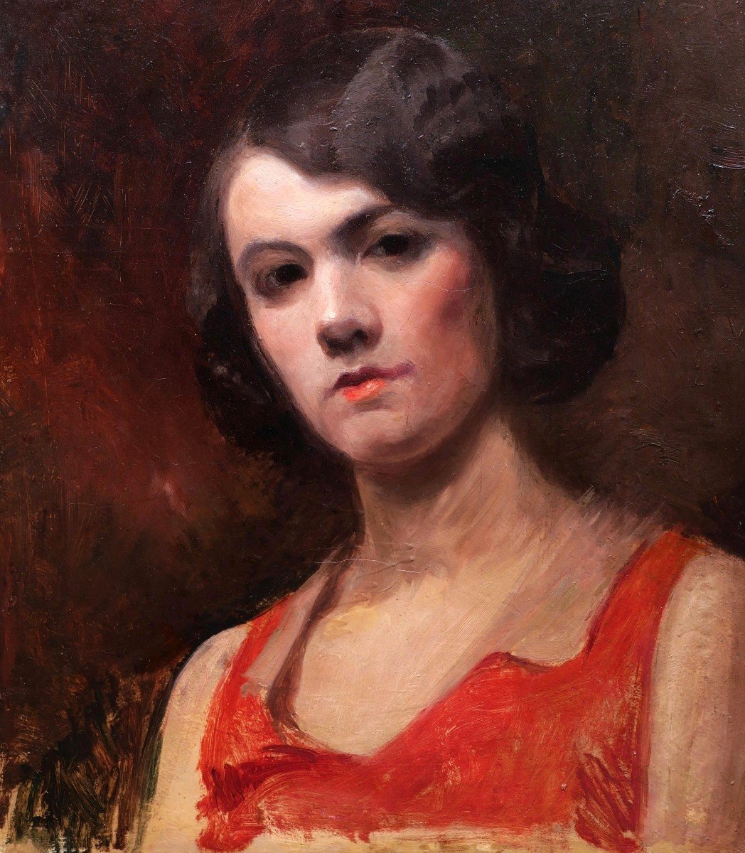 French School Circa 1910-1930, Portrait Of A Young Brunette Woman In A Red Dress (double Sided)