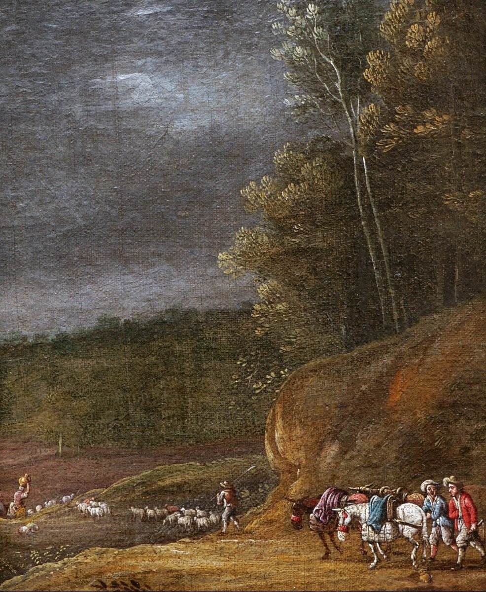 Attribué à Jacques d'ARTHOIS, Paysage aux voyageurs et berger avec son troupeau