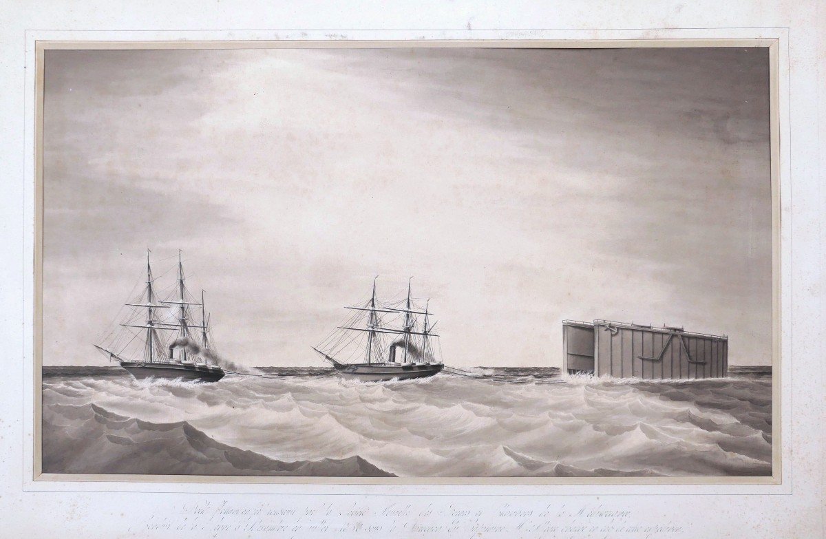 French School In 1868, Towing A Floating Dock Towards Alexandria (large Format)-photo-3