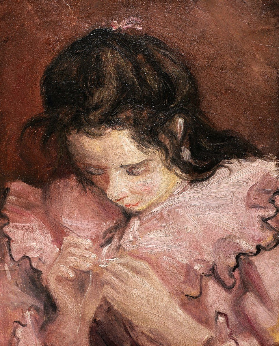 French School Circa 1920, Young Woman In Pink Dress Sewing