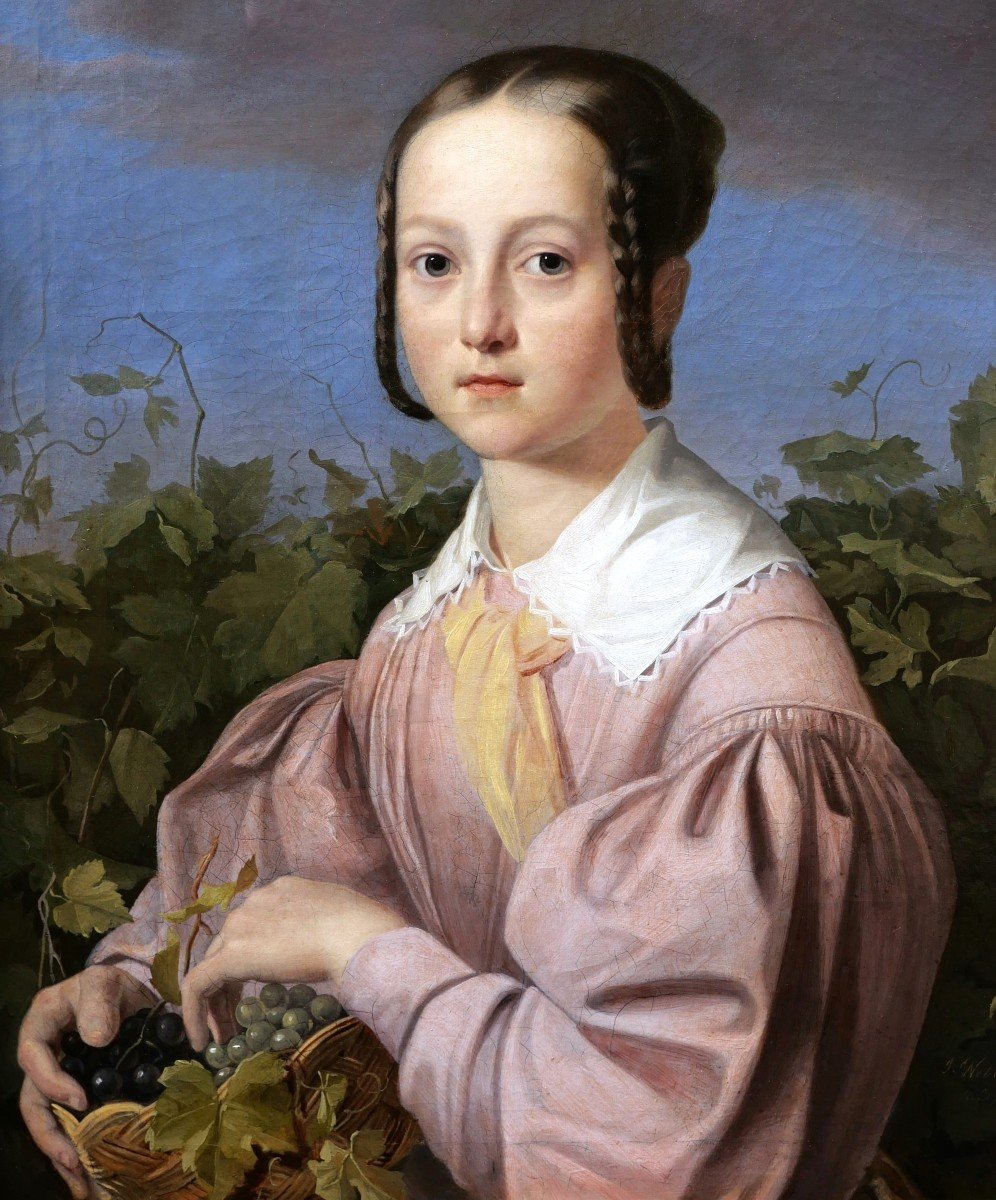 Joseph WEBER, Portrait d'une jeune fille tenant une corbeille de raisin-photo-2