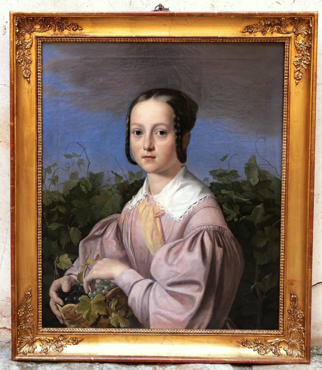 Joseph WEBER, Portrait d'une jeune fille tenant une corbeille de raisin-photo-2