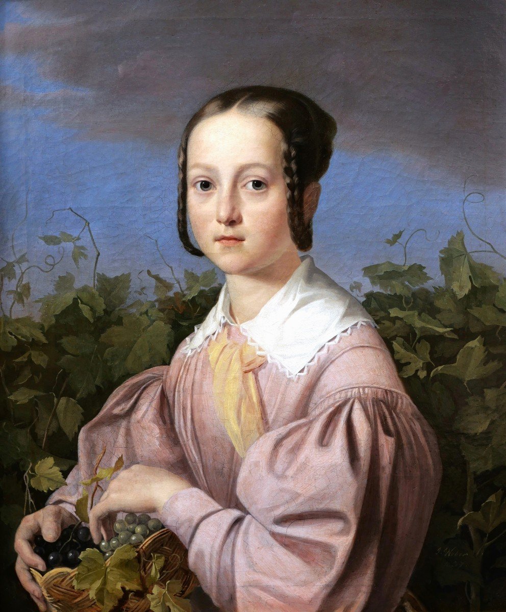 Joseph Weber, Portrait Of A Young Girl Holding A Basket Of Grapes