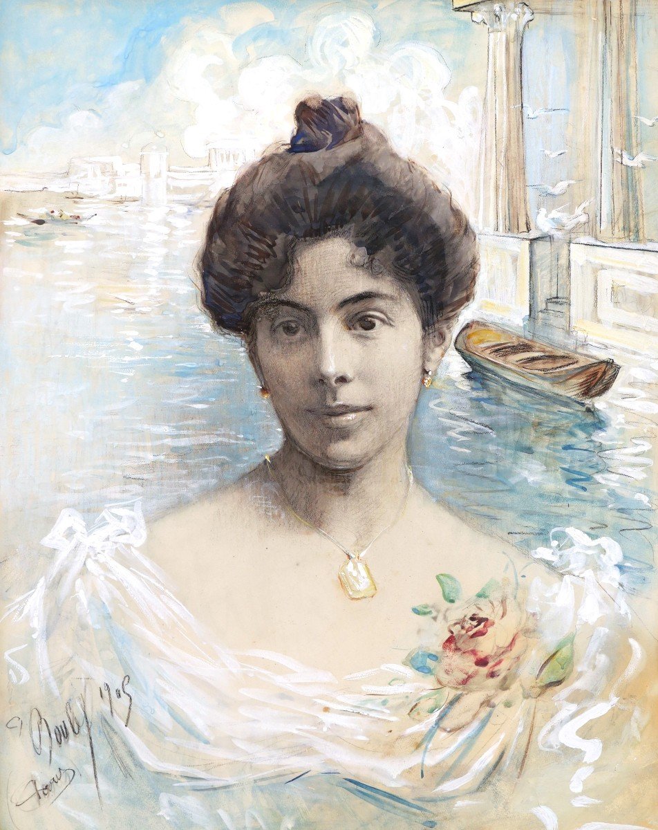 French School In 1905, Portrait Of A Woman In An Idealized Antique Setting