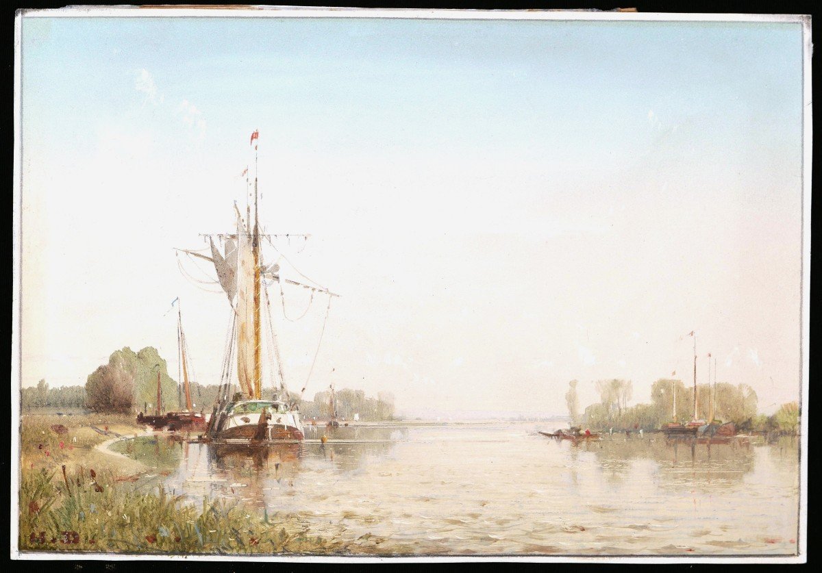 French Or Dutch School Circa 1860, Boats On A River-photo-1