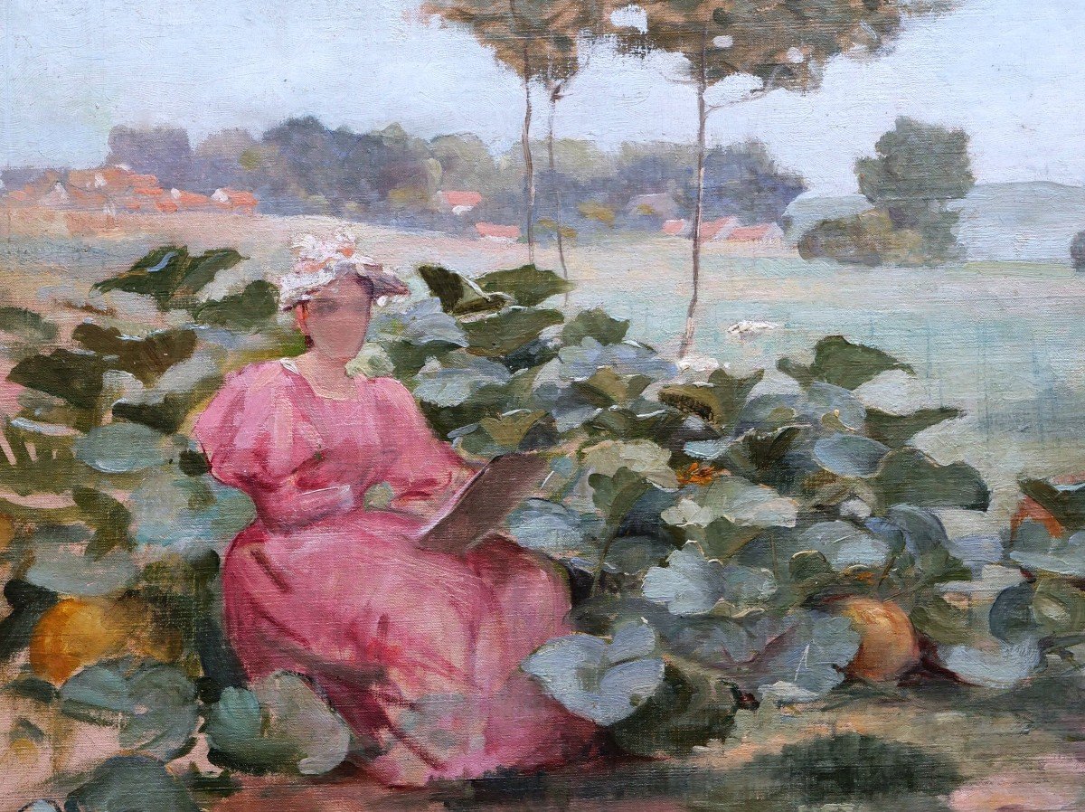 French School Circa 1900, Female Artist Drawing In A Squash Patch-photo-2