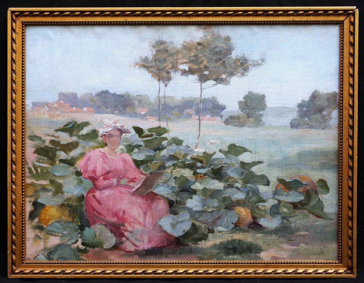 French School Circa 1900, Female Artist Drawing In A Squash Patch-photo-3