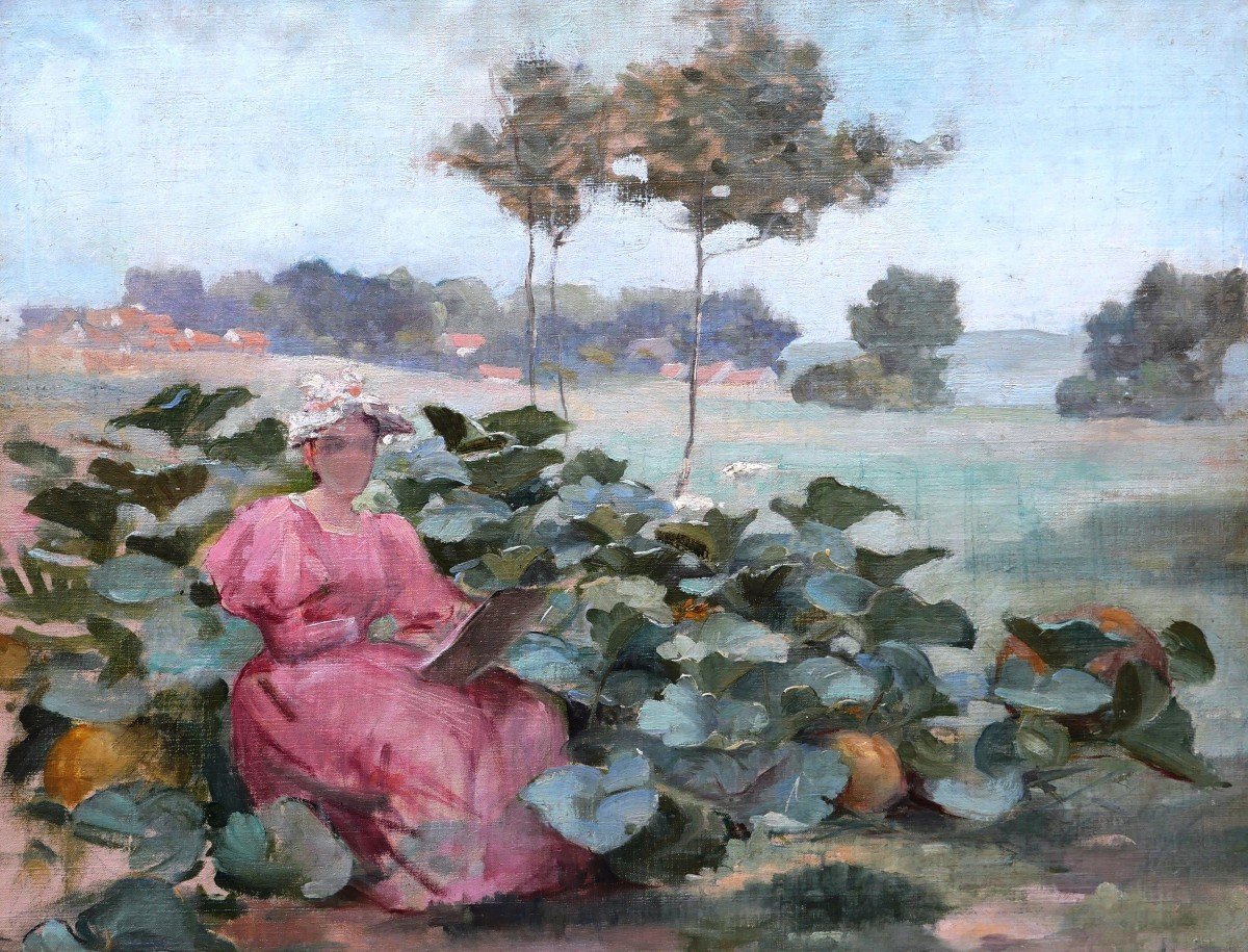 École FRANÇAISE circa 1900, Femme artiste dessinant dans un carré de courges