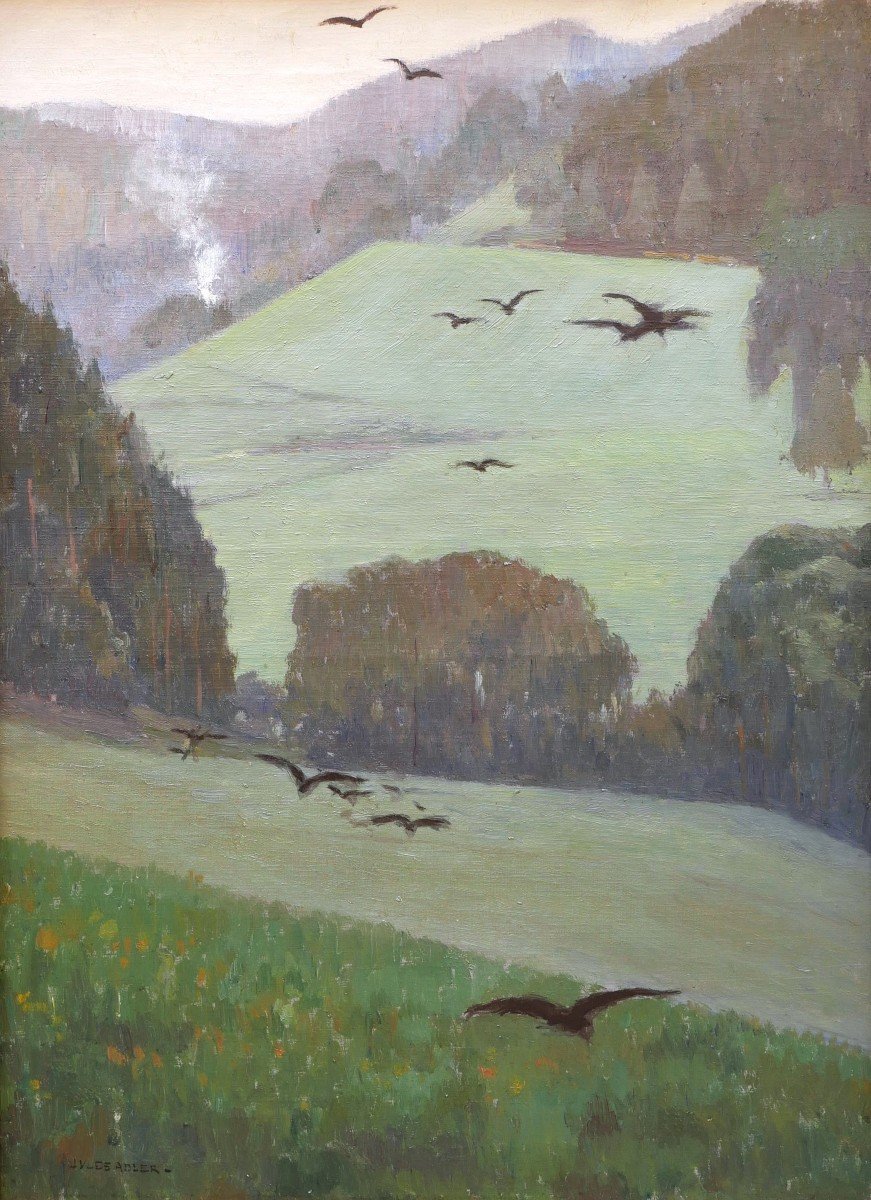 Jules Adler, Hilly Landscape With Crows, Probably In Franche-comté