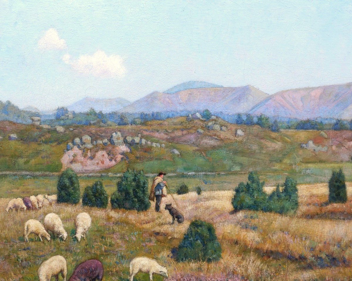 Théophile TAILHANDIER, Berger et son troupeau de moutons devant les Puys, Auvergne-photo-2