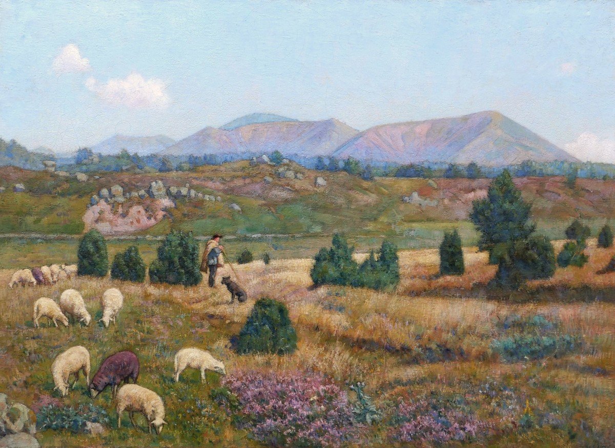 Théophile TAILHANDIER, Berger et son troupeau de moutons devant les Puys, Auvergne