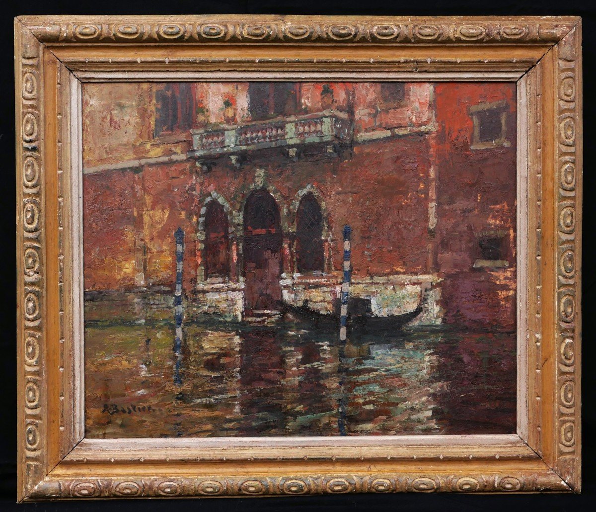 Alfred Théodore Joseph Bastien, Gondola In Front Of A Palace In Venice-photo-4