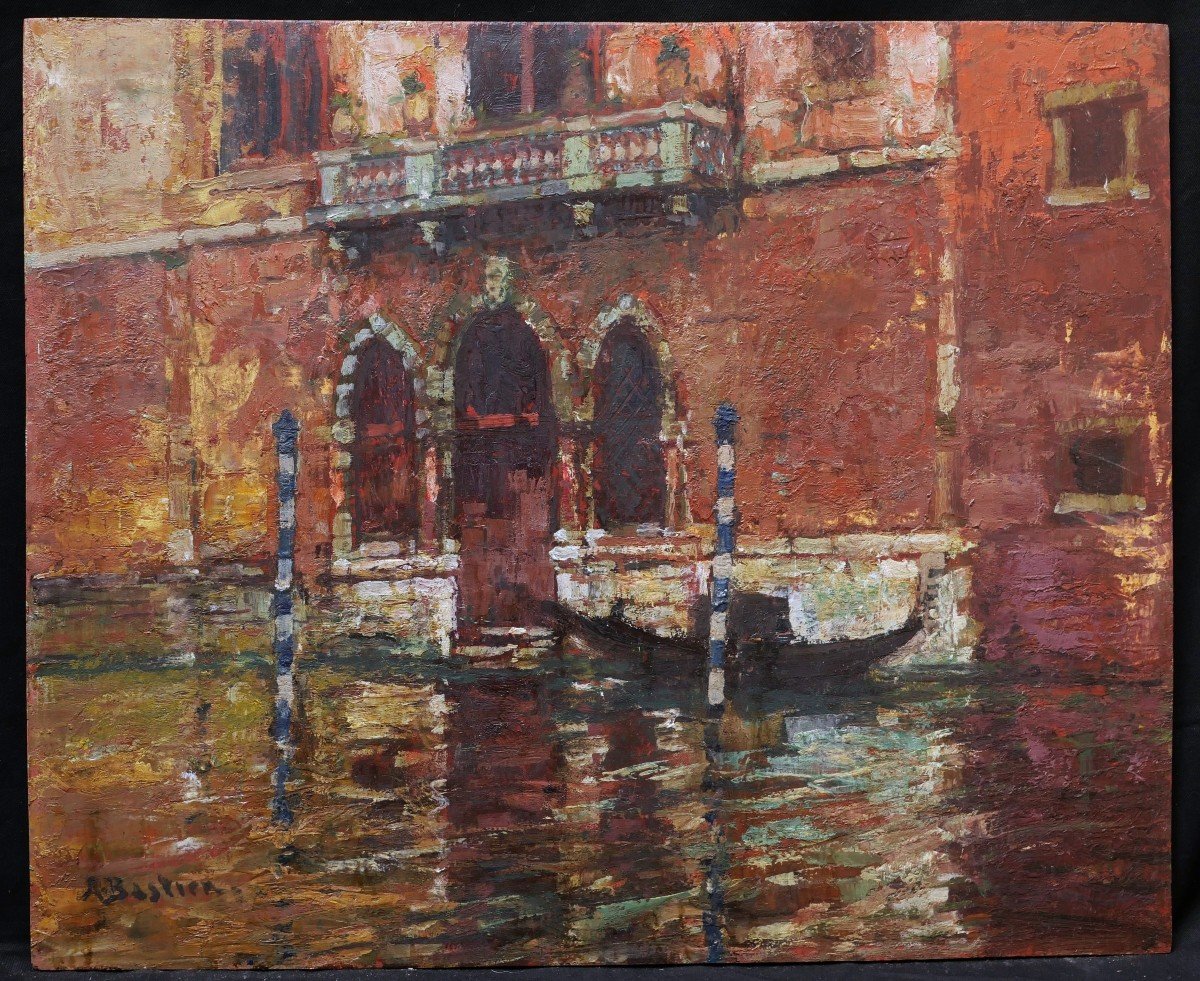 Alfred Théodore Joseph Bastien, Gondola In Front Of A Palace In Venice-photo-1