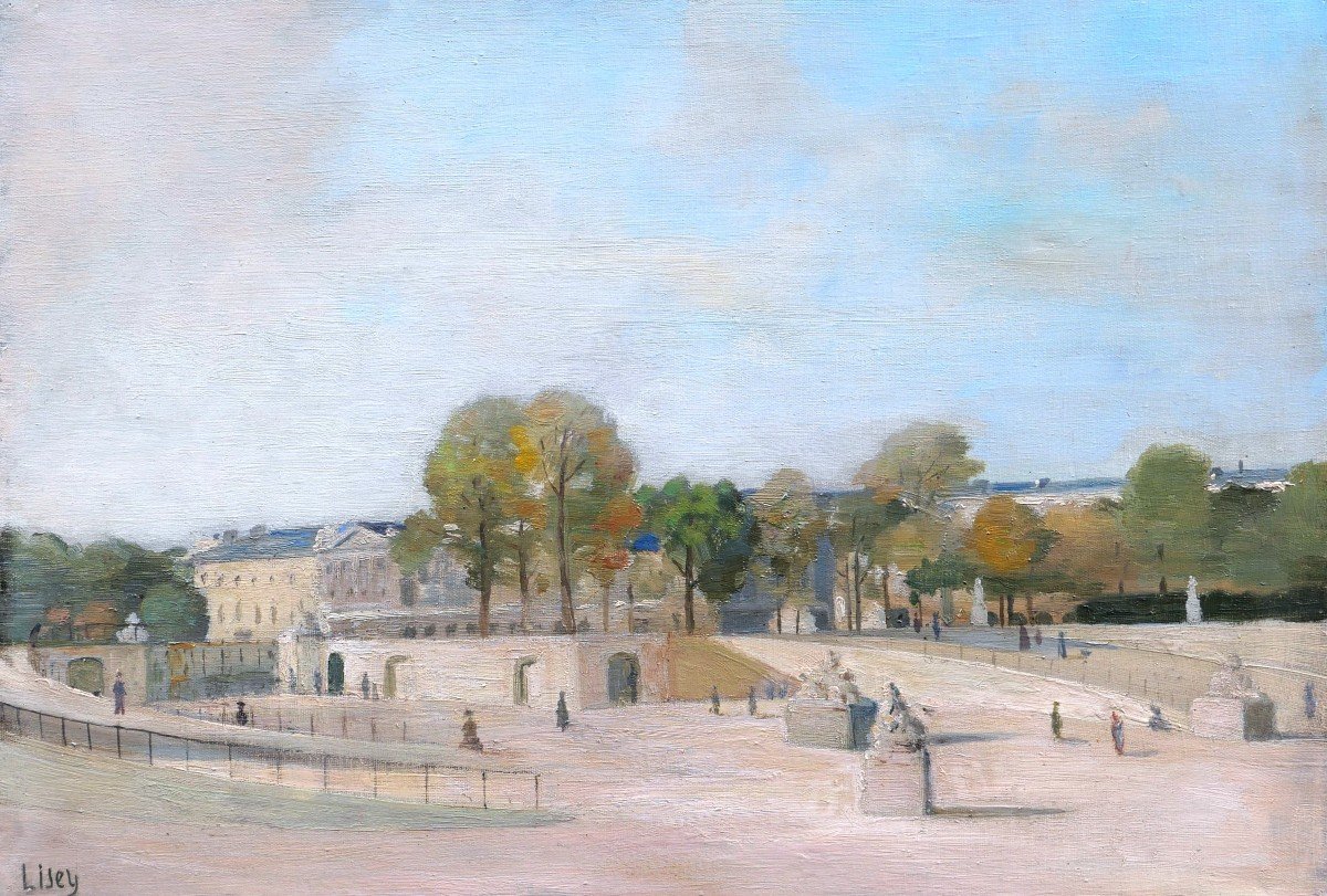 École FRANÇAISE circa 1930, Vue animée du Jardin des Tuileries au niveau du Fer à Cheval