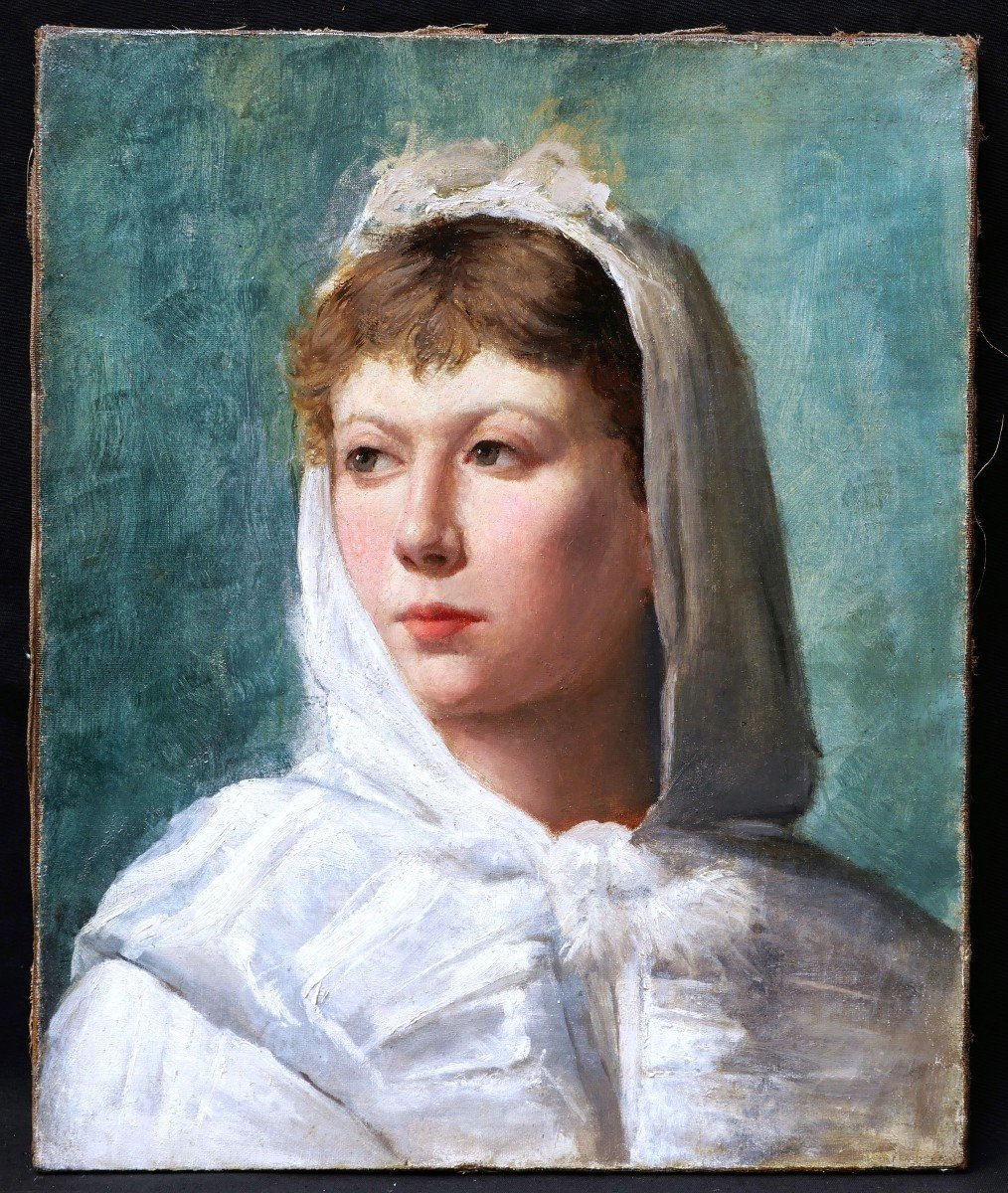 Attribué à William Albert ABLETT, Portrait de femme en cape blanche à capuche-photo-4