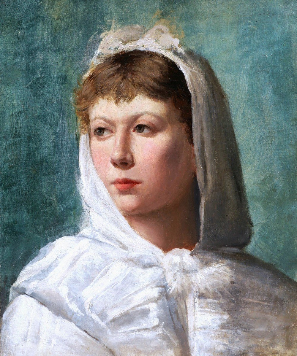 Attribué à William Albert ABLETT, Portrait de femme en cape blanche à capuche