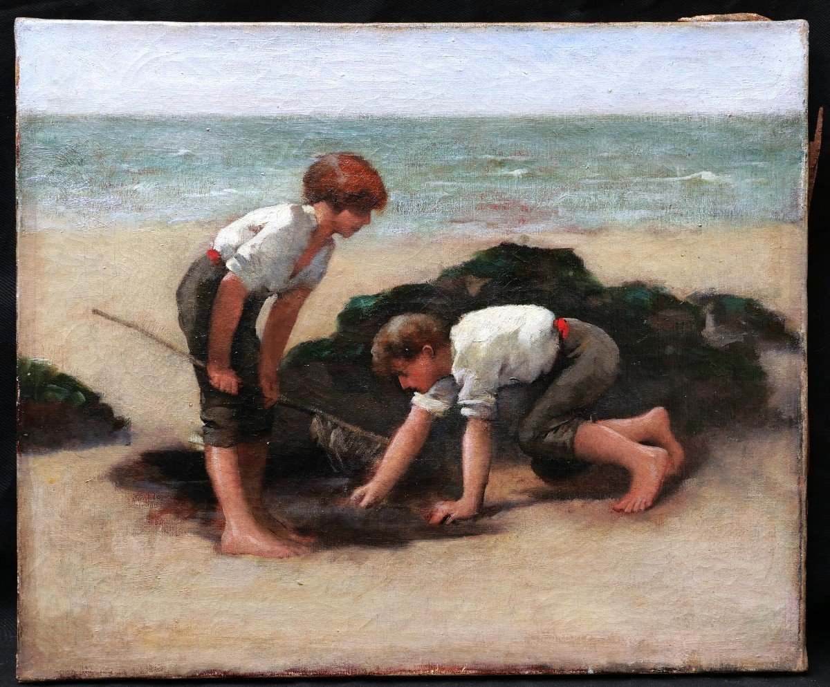 French School, Late 19th Century, Two Children Fishing On The Beach, Brittany-photo-3