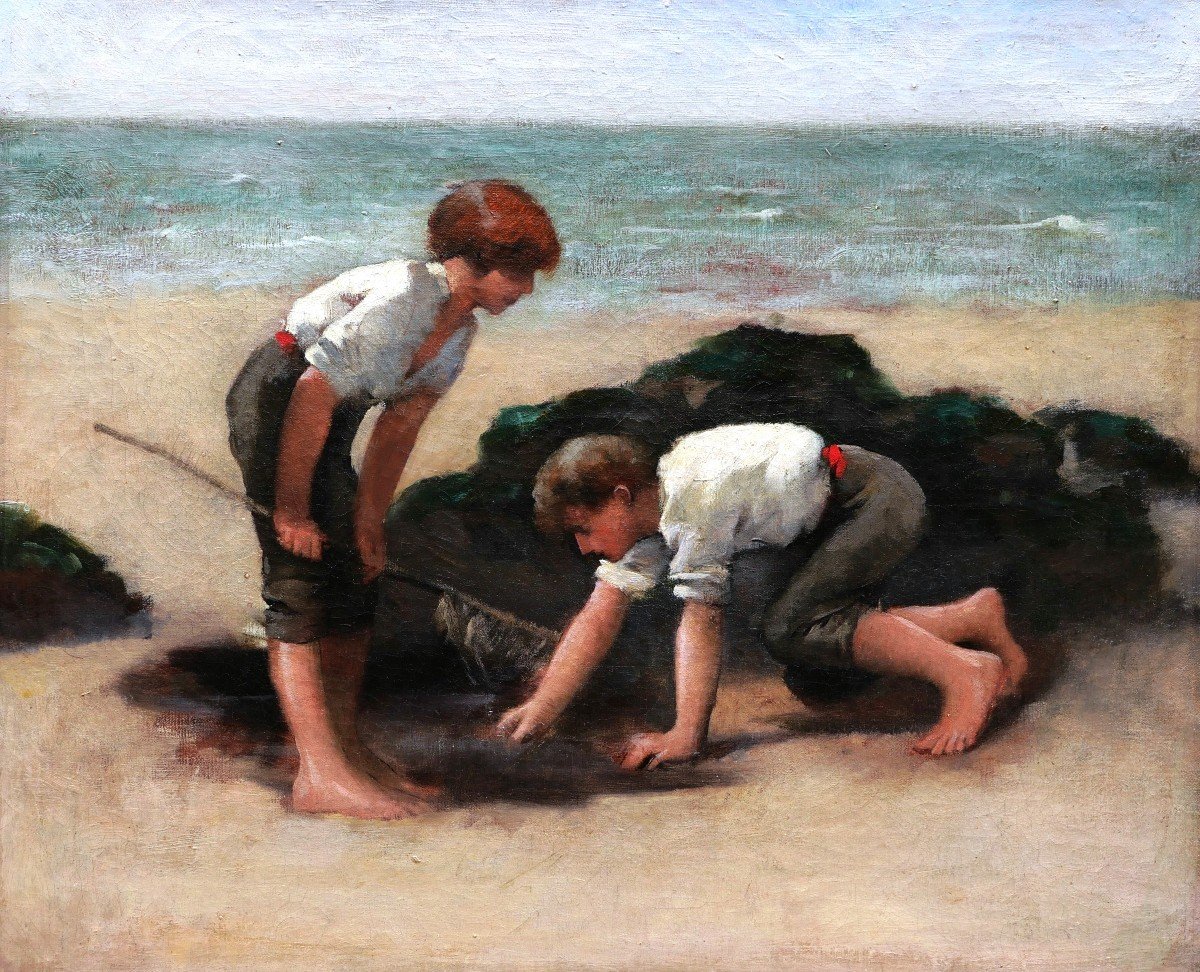 French School, Late 19th Century, Two Children Fishing On The Beach, Brittany