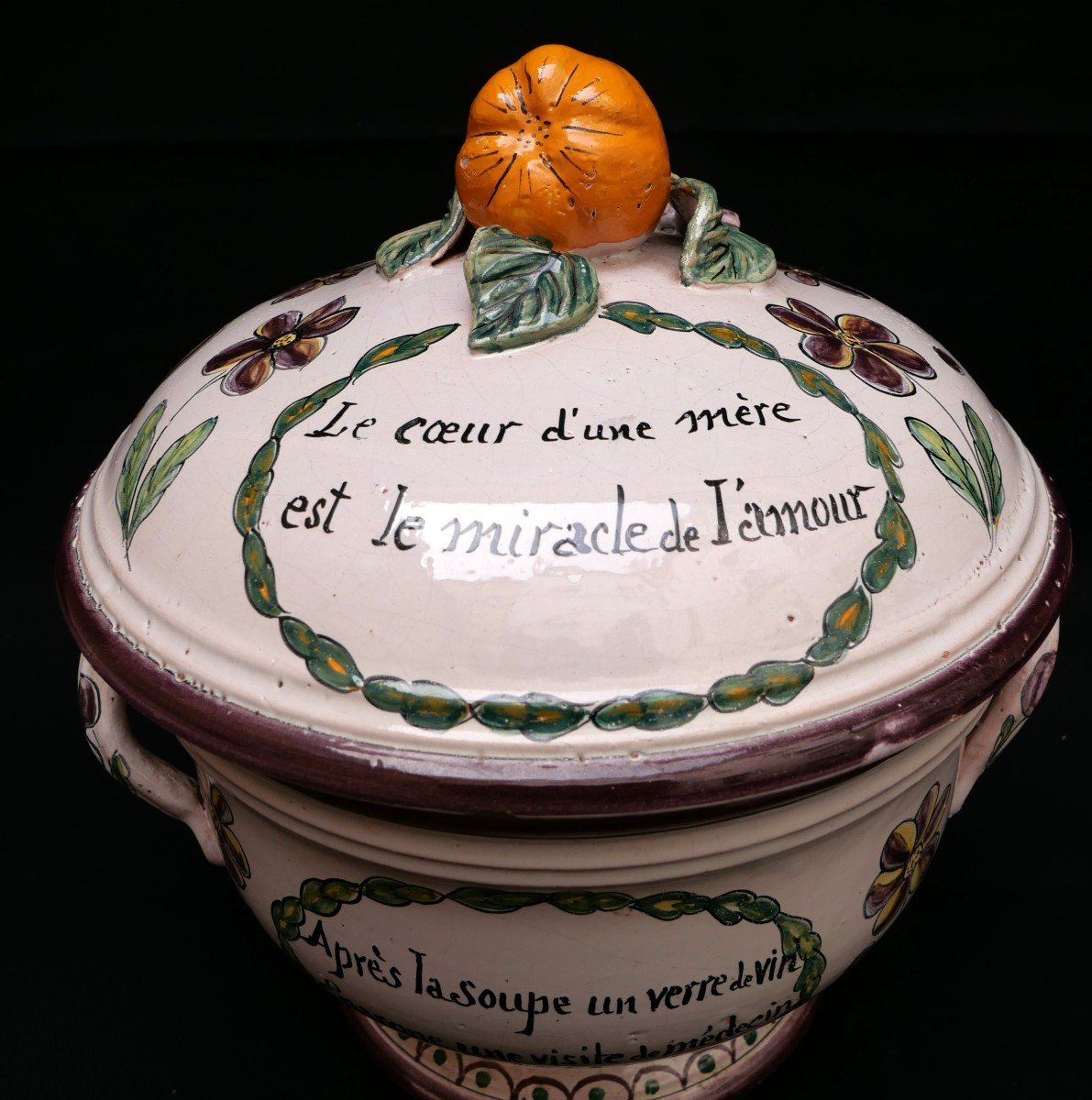 Polychrome Earthenware Soup Tureen From Malicorne, Workshop Of Béatrix Pouplard-photo-2