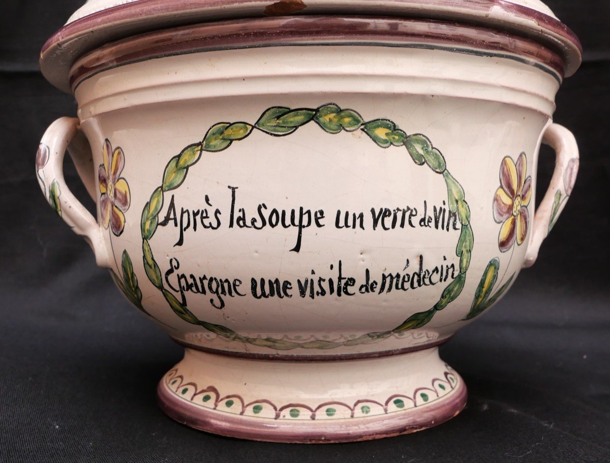 Polychrome Earthenware Soup Tureen From Malicorne, Workshop Of Béatrix Pouplard-photo-3