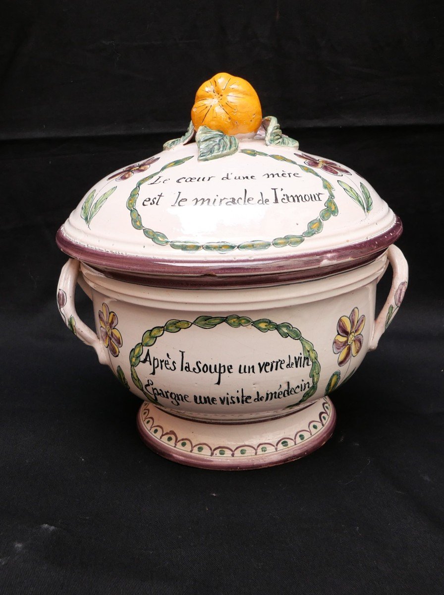 Polychrome Earthenware Soup Tureen From Malicorne, Workshop Of Béatrix Pouplard-photo-1