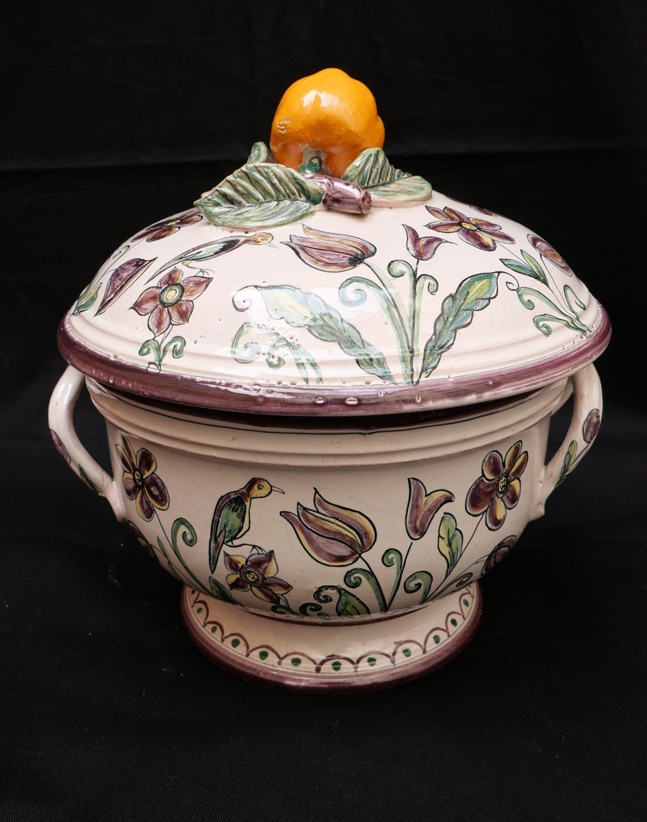 Polychrome Earthenware Soup Tureen From Malicorne, Workshop Of Béatrix Pouplard-photo-3