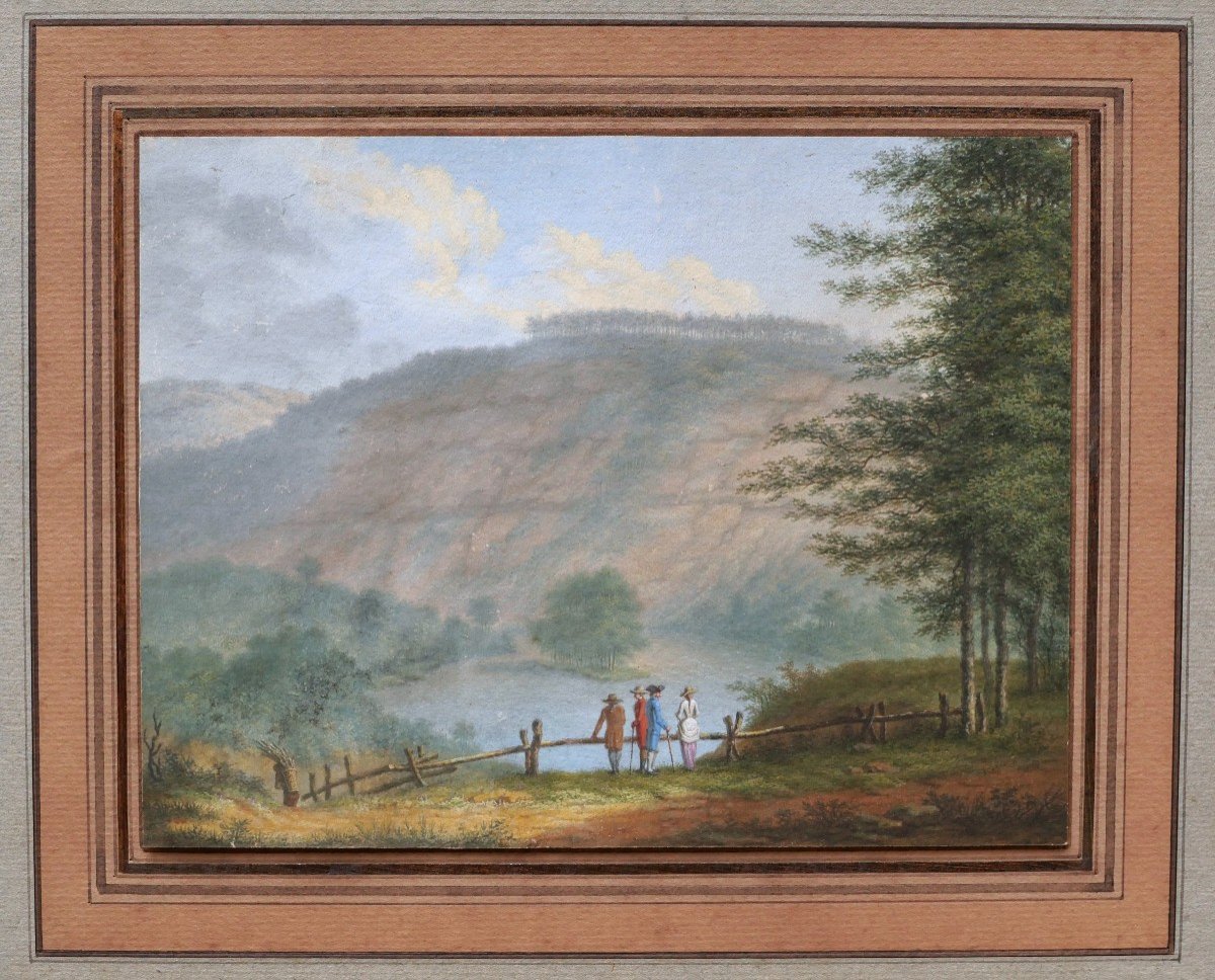 École FRANÇAISE du XVIIIème siècle, circa 1780, Personnages admirant un lac (le Lac de Nemi ?)-photo-3