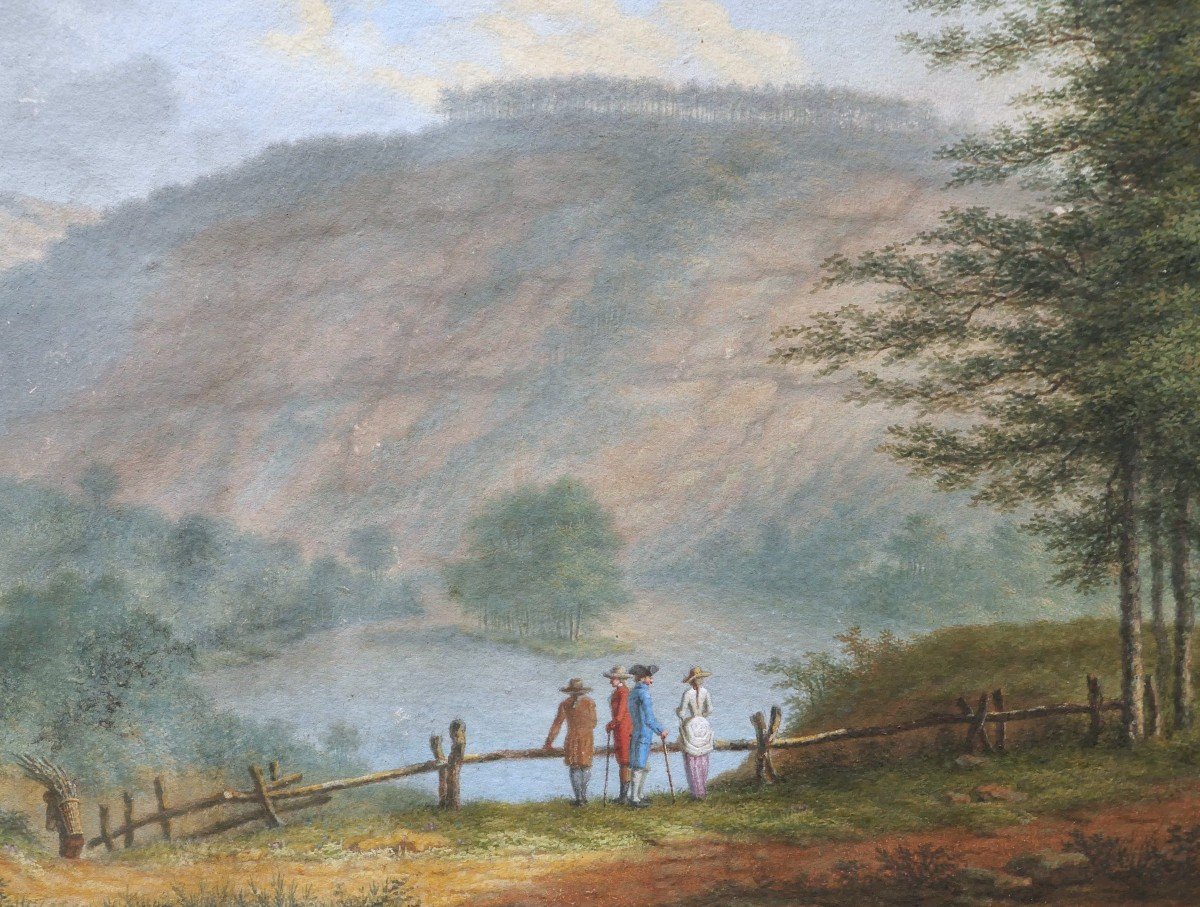 École FRANÇAISE du XVIIIème siècle, circa 1780, Personnages admirant un lac (le Lac de Nemi ?)