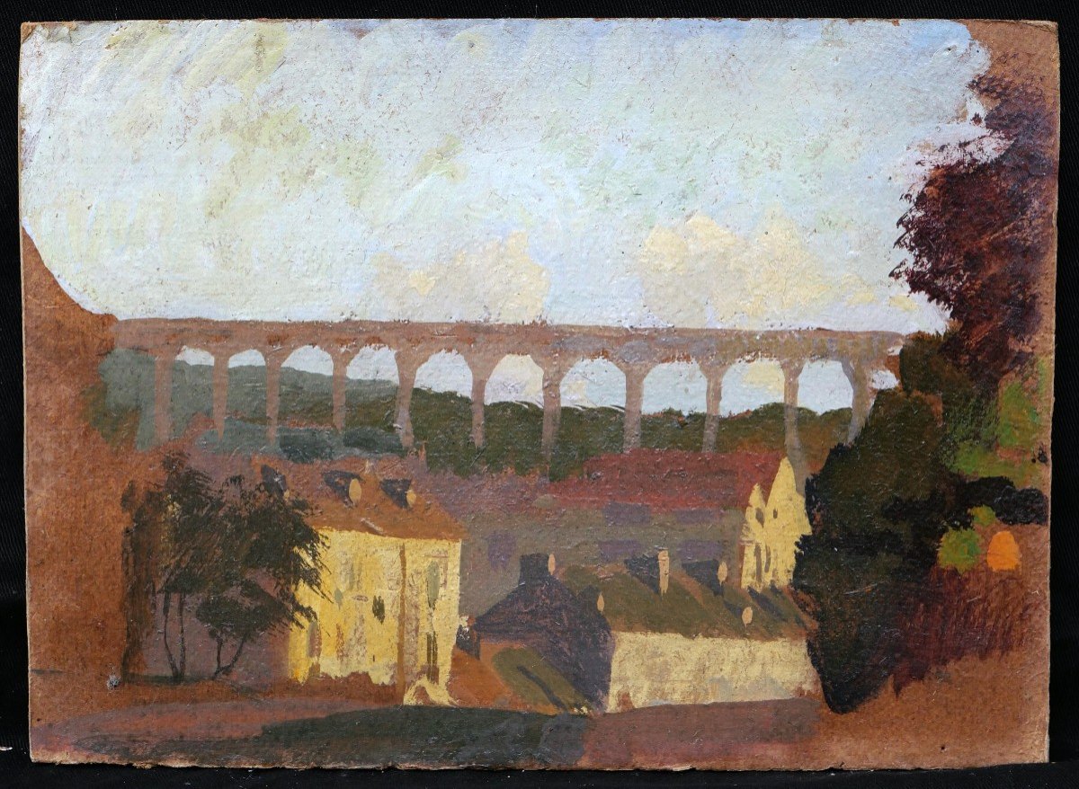 École FRANÇAISE circa 1930, Paysage à Dinan avec le Viaduc de Lanvallay-photo-3