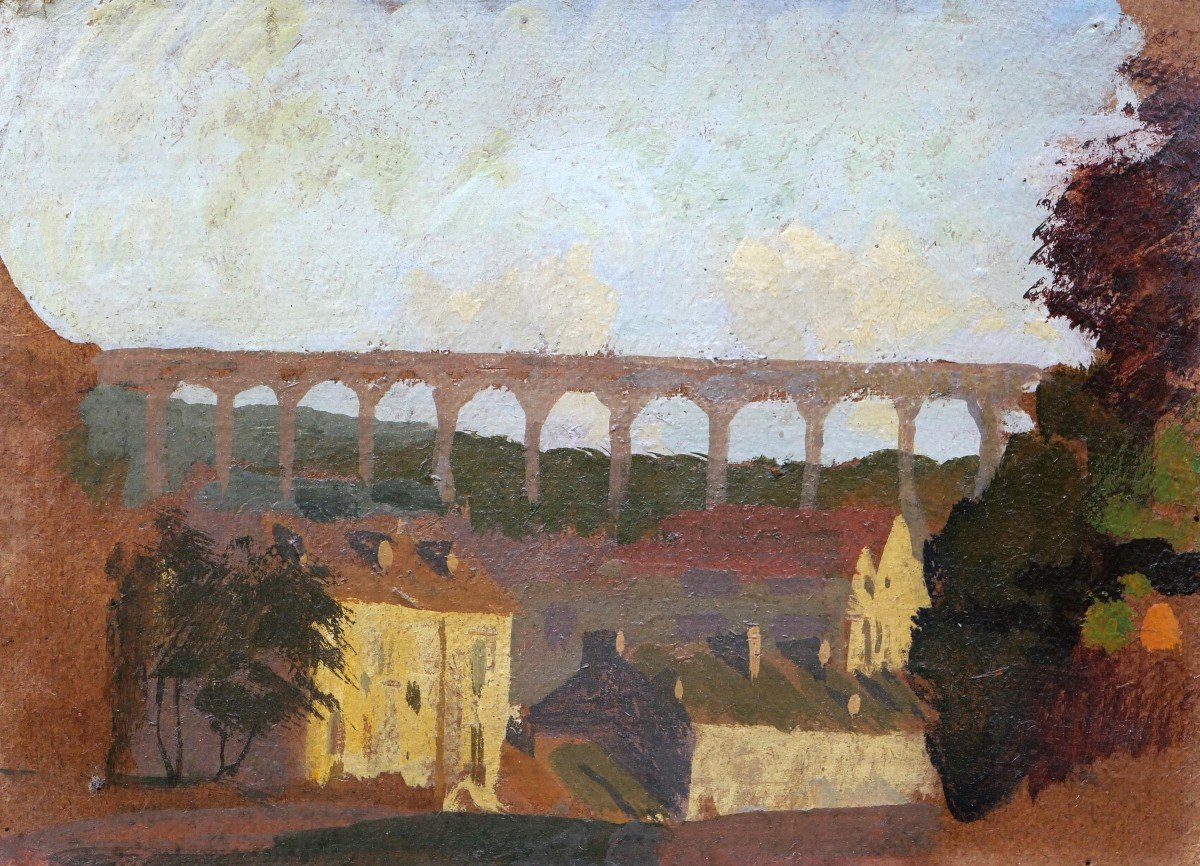 École FRANÇAISE circa 1930, Paysage à Dinan avec le Viaduc de Lanvallay